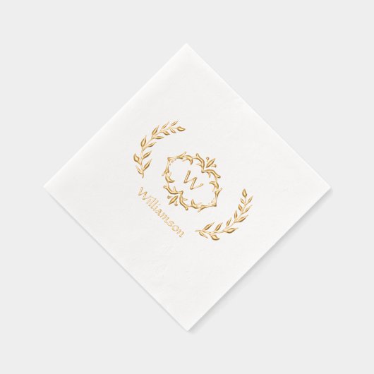 Elegant Monogram Naam Fancy Krans Wit Goud Folie Servetten (Rechts)