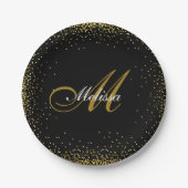 elegant monogram naam goud glitter zwart papieren bordje (Voorkant)