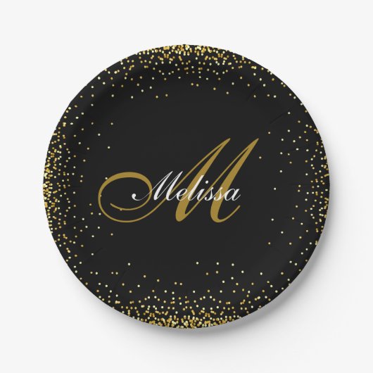 elegant monogram naam goud glitter zwart papieren bordje (Voorkant)
