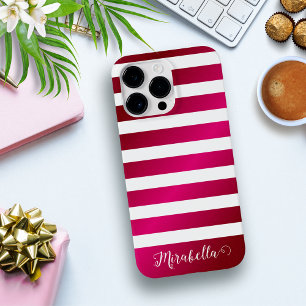 Elegant monogram Naam Hot Pink en White Stripes Case-Mate iPhone 14 Pro Max Hoesje