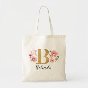 Elegant Monogram Naam Initiaal Gouden Bloem Tote Bag