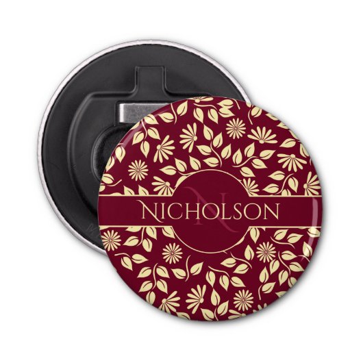Elegant Monogram Naam Leaf Daisy Pattern Burgundy Button Flesopener (Voorkant)