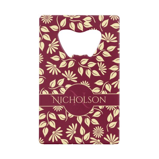 Elegant Monogram Naam Leaf Daisy Pattern Burgundy Creditkaart Flessenopener (Voorkant)