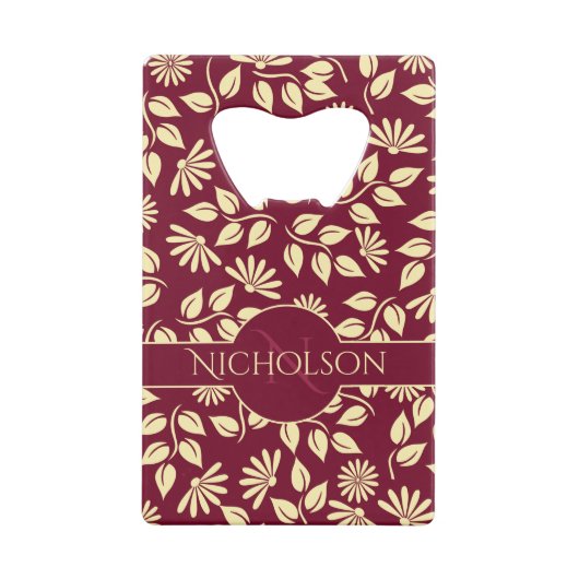 Elegant Monogram Naam Leaf Daisy Pattern Burgundy Creditkaart Flessenopener (Achterkant)