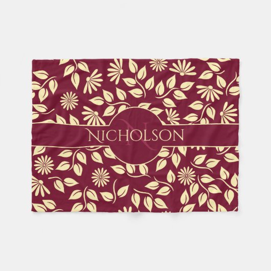 Elegant Monogram Naam Leaf Daisy Pattern Burgundy Fleece Deken (Voorkant (Horizontaal))