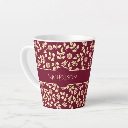 Elegant Monogram Naam Leaf Daisy Pattern Burgundy Latte Mok (Linkerhoek)