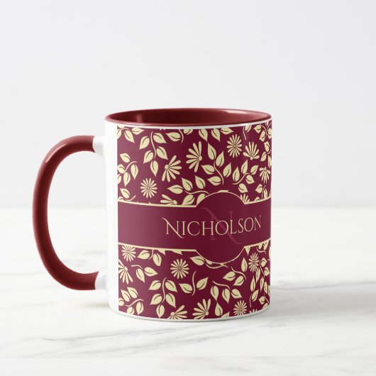 Elegant Monogram Naam Leaf Daisy Pattern Burgundy Mok (Links)