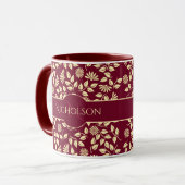 Elegant Monogram Naam Leaf Daisy Pattern Burgundy Mok (Voorkant links)