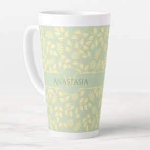 Elegant Monogram Naam Leaf Pattern Pastel Green Latte Mok