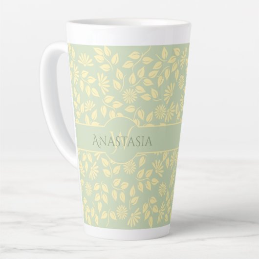 Elegant Monogram Naam Leaf Pattern Pastel Green Latte Mok (Linkerhoek)