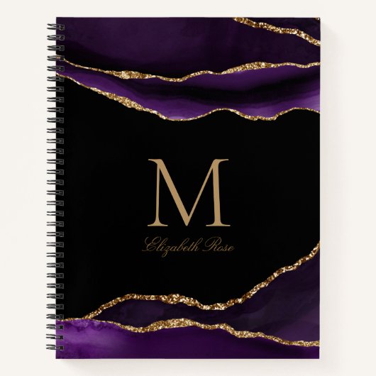 Elegant monogram Naam Paars Agate Gold Black Notitieboek (Voorkant)