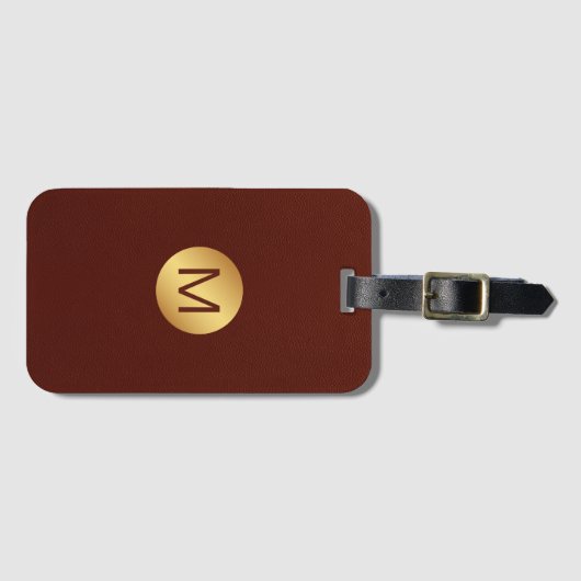 Elegant Monogram Naam Rood Leer & Goud Bagagelabel (Voorkant (horizontaal))
