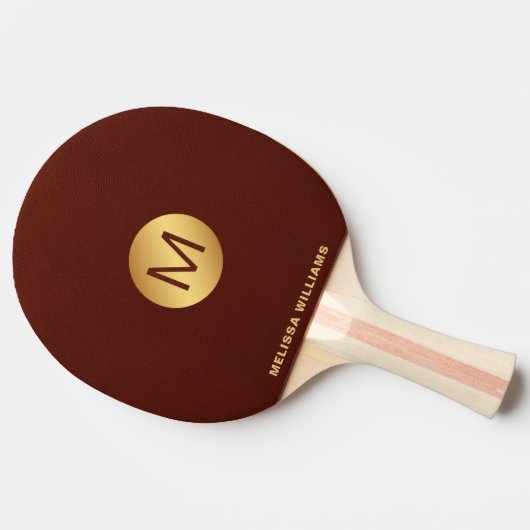 Elegant Monogram Naam Rood Leer & Goud Tafeltennisbatje (Zijkant)