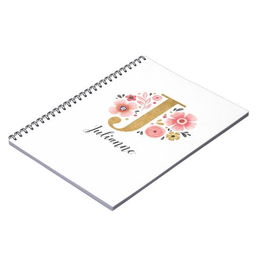 Elegant monogram Naam Roze Gold Floral Script Notitieboek (Linkerzijde)