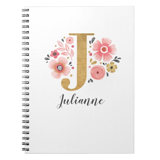 Elegant monogram Naam Roze Gold Floral Script Notitieboek (Voorkant)