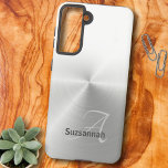 Elegant Monogram Naam White Ombre Faux Metal Samsung Galaxy Hoesje<br><div class="desc">Dit ontwerp kenmerkt een witte ombre achtergrond over faux metaal met grijs manuscript de letter monogram en naam van het initiaal. Pas de tekstvelden aan, verwijder alle of een willekeurige tekst of bewerk met het ontwerpgereedschap een lettertypestijl, -grootte en -kleur die u wilt selecteren. U kunt dit ontwerp, waar het...</div>