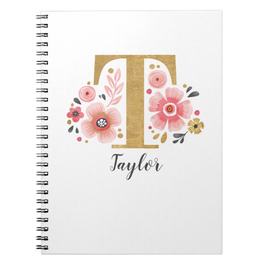 Elegant monogram Naam White Pink Floral Script Notitieboek (Voorkant)