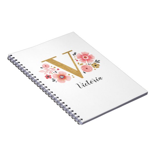 Elegant monogram Naam White Pink Floral Script Notitieboek (Rechterzijde)