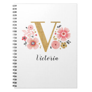 Elegant monogram Naam White Pink Floral Script Notitieboek