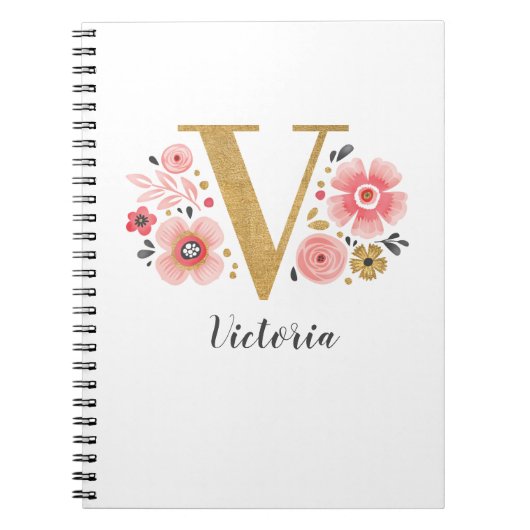 Elegant monogram Naam White Pink Floral Script Notitieboek (Voorkant)