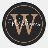 Elegant monogram naam zwart en goud ronde sticker (Voorkant)