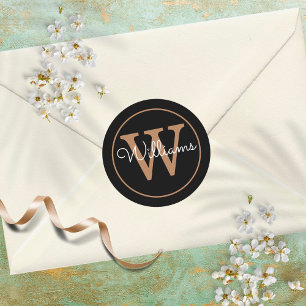 Elegant monogram naam zwart en goud ronde sticker