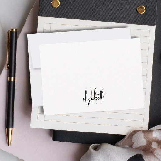 Elegant Monogram Naam Zwart Gold Script Notitiekaartje