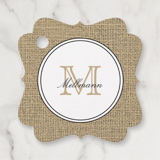 Elegant Monogram Name Country Chic Style Burlap Bedankjes Labels (Voorkant)