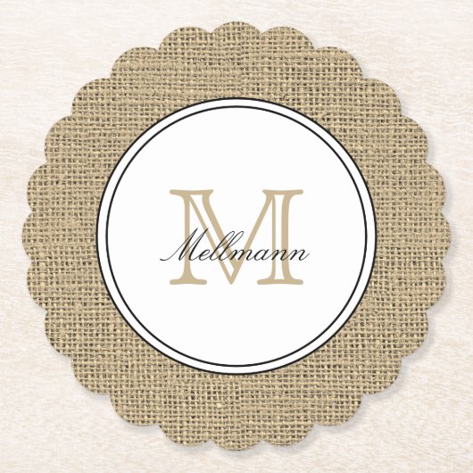 Elegant Monogram Name Country Chic Style Burlap Kartonnen Onderzetters (Voorkant)