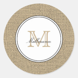 Elegant Monogram Name Country Chic Style Burlap Ronde Sticker