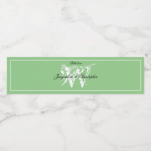 Elegant Monogram + Names Chic Soft Green Wedding Waterfles Etiket (Enkel label)