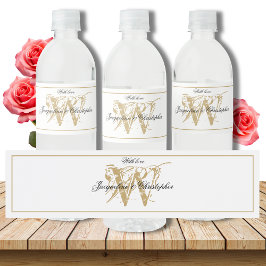 Elegant Monogram Names Chic White & Gold Wedding Waterfles Etiket