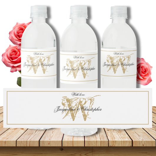 Elegant Monogram Names Chic White & Gold Wedding Waterfles Etiket