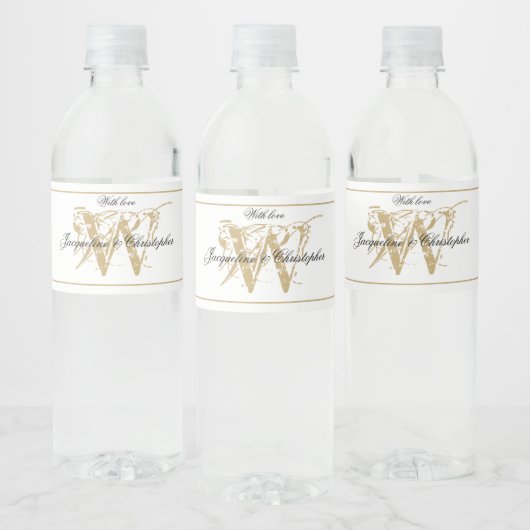 Elegant Monogram Names Chic White & Gold Wedding Waterfles Etiket (Flessen)
