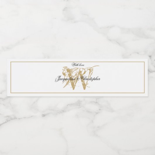 Elegant Monogram Names Chic White & Gold Wedding Waterfles Etiket (Enkel label)