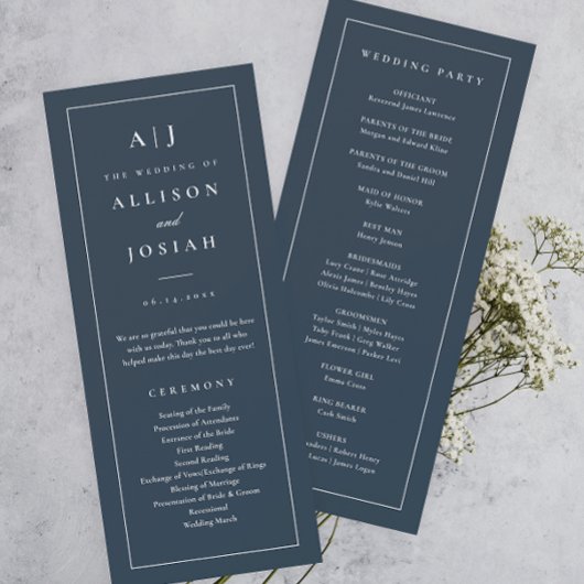 Elegant Monogram Navy Blau Huwelijksprogramma Kaart