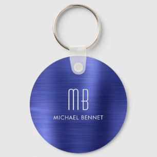 Elegant Monogram Navy Blau Nep Geborsteld Metaal Sleutelhanger
