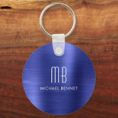 Elegant Monogram Navy Blau Nep Geborsteld Metaal Sleutelhanger (Achterkant)