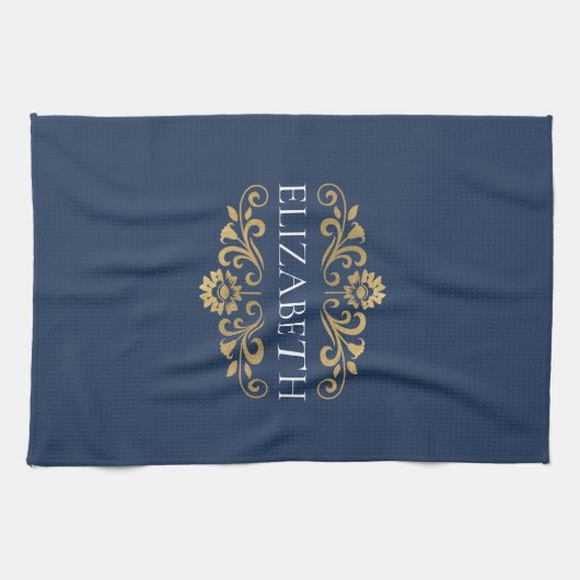 Elegant monogram Navy blauw goud Theedoek (Horizontaal)