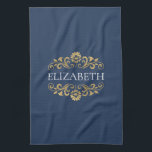 Elegant monogram Navy blauw goud Theedoek<br><div class="desc">Een elegante en chique marineblauw en goud bloeiende monogram keukendoek. Voeg jouw naam toe tussen de gouden bloesem aan de voorkant. Ontworpen voor u door Blackberry Boulevard.</div>
