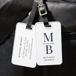 Elegant Monogram Navy Blauwe Bagagelabel