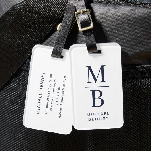 Elegant Monogram Navy Blauwe Bagagelabel