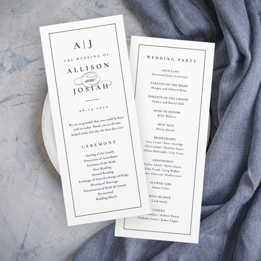 Elegant Monogram Navy Blauwe Huwelijk Programmakaart