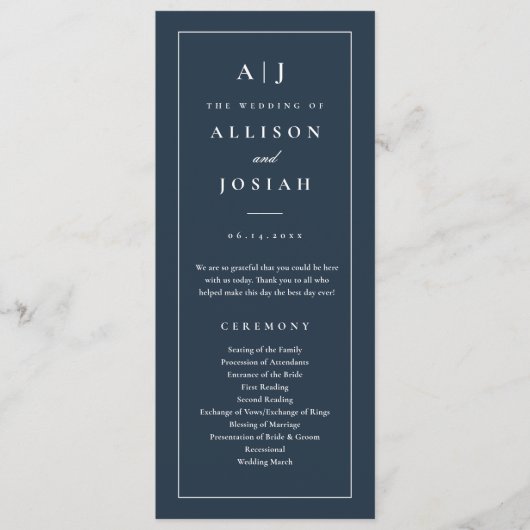 Elegant Monogram Navy Blauwe Trouw Programmakaart (Voorkant)