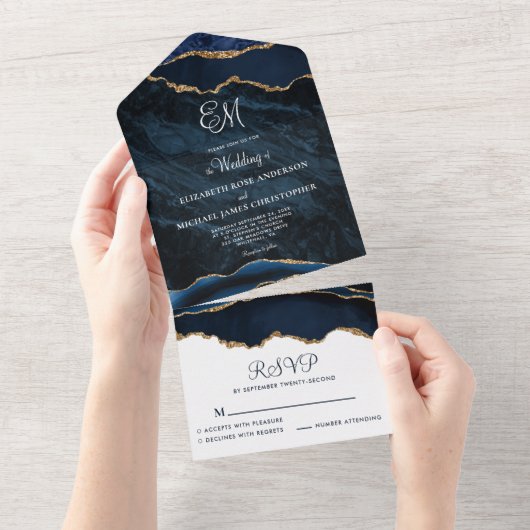 Elegant Monogram Navy Blue Agate Wedding All In One Uitnodiging (Afscheurbaar)