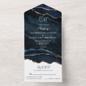 Elegant Monogram Navy Blue Agate Wedding All In One Uitnodiging (Binnen)