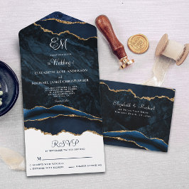 Elegant Monogram Navy Blue Agate Wedding All In One Uitnodiging