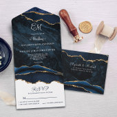 Elegant Monogram Navy Blue Agate Wedding All In One Uitnodiging