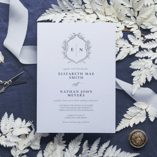 Elegant Monogram Navy Blue Formal Wedding Kaart