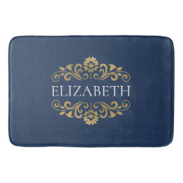 Elegant Monogram Navy Blue Gold Bath Mat